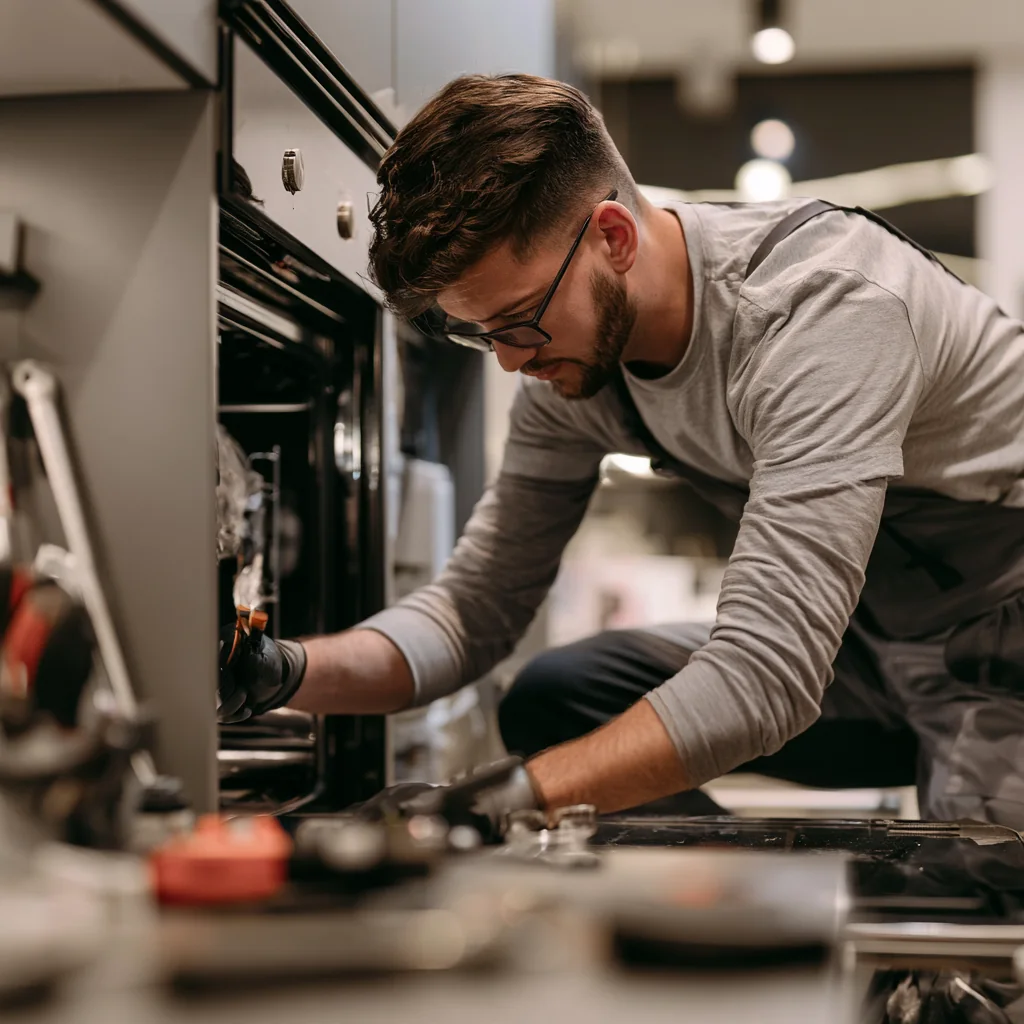 Technician diagnosing a built-in oven or range appliance