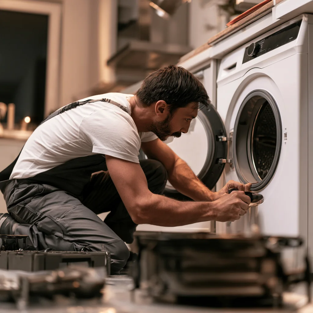 Technician adjusting the door assembly of a laundry appliance