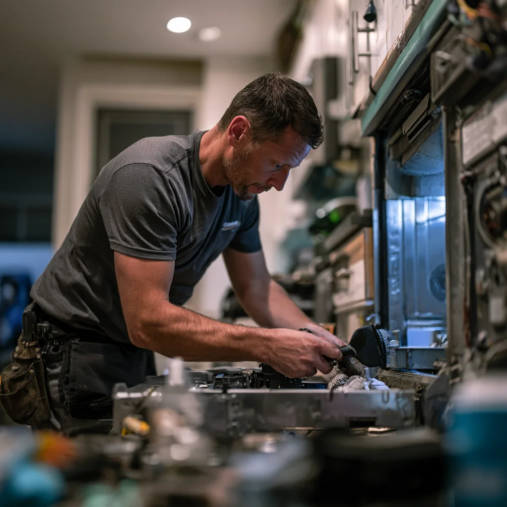 Appliance technician carefully working inside a household appliance