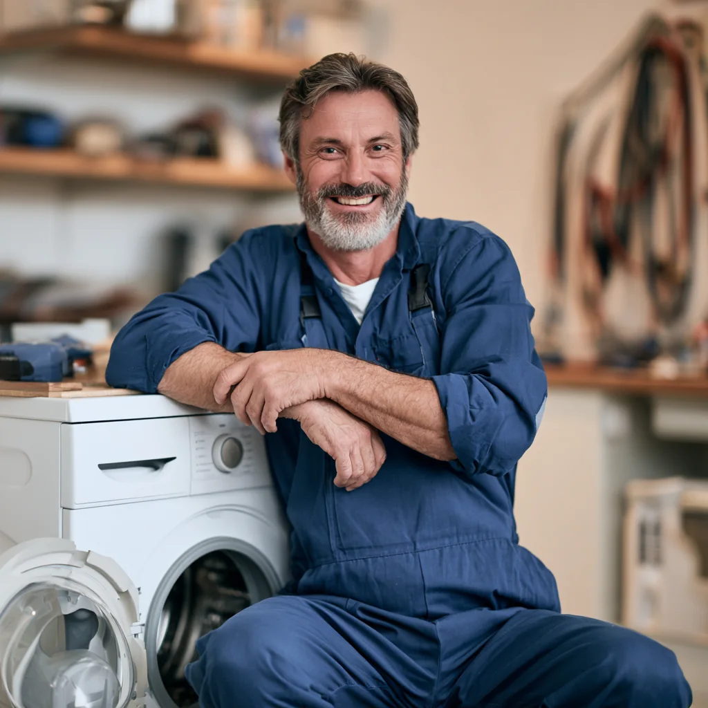 Experienced appliance technician beside a residential washing machine