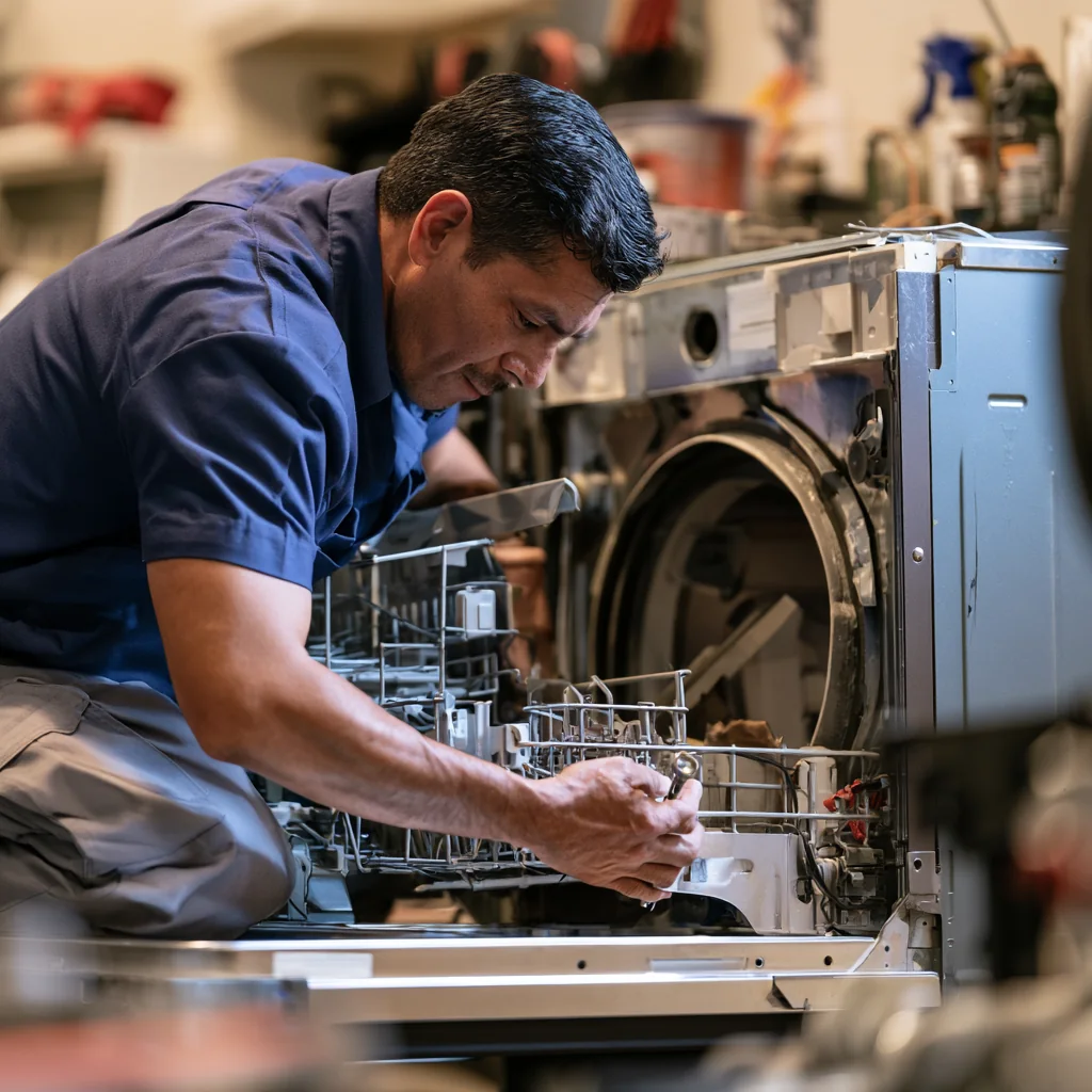 Technician repairing an open residential dishwasher